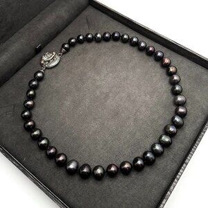Designer 925 Sterling Silver Cultured Black Pearl Beaded Necklace 18"